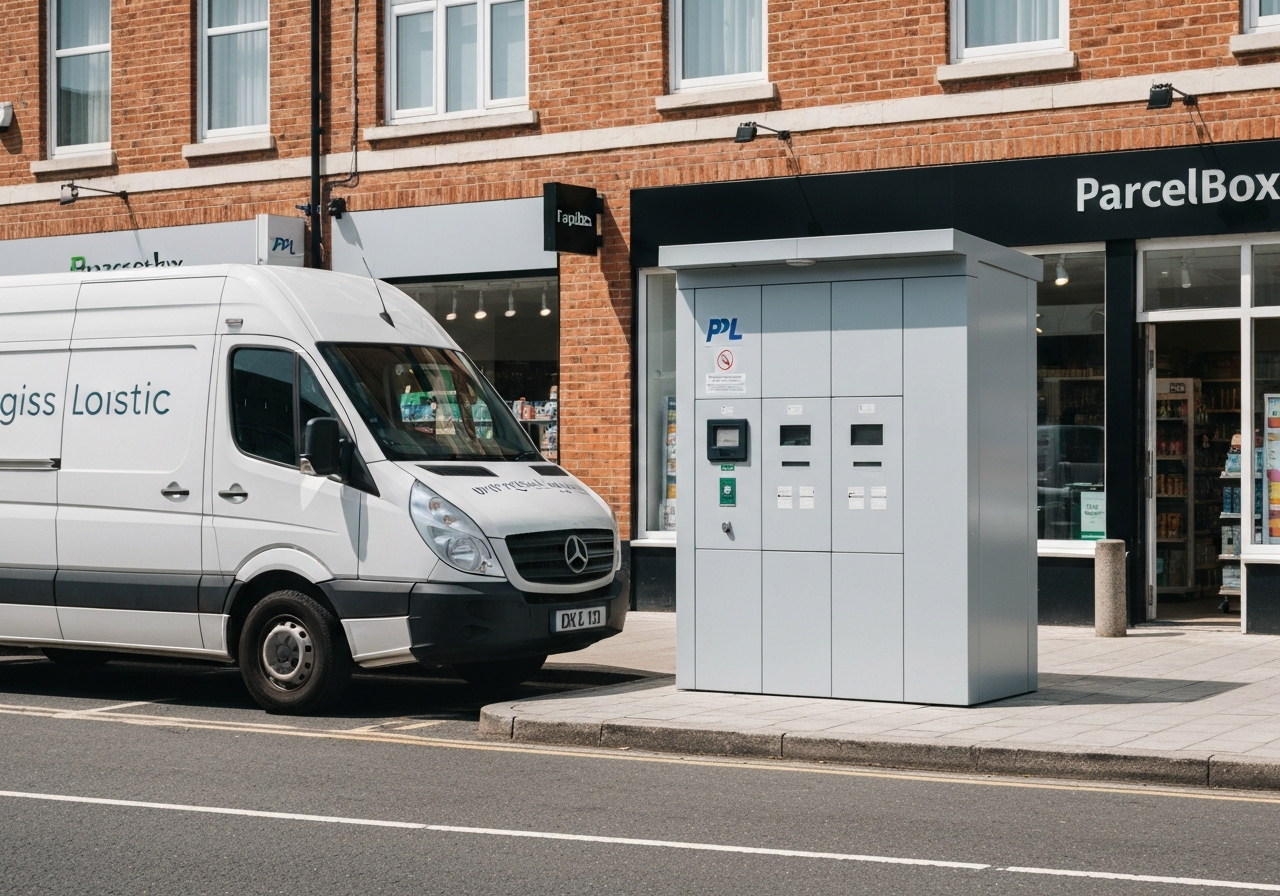 A professional logistics delivery van parked next to a modern PPL ParcelBox terminal and a local retail storefront, bright daylight, cinematic editorial aesthetic, shallow depth of field, 85mm lens, high resolution, no text, no words, no letters