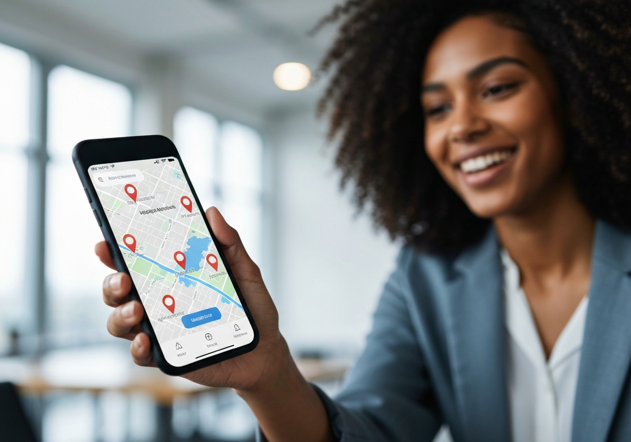 A close-up of a person holding a smartphone showing a digital map interface with logistics location pins, modern office background, soft natural light, premium editorial photography style, 85mm lens, no text, no letters.