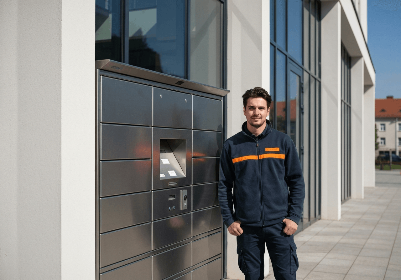 A professional delivery person standing next to a secure parcel locker in an urban setting of Nový Jičín, modern architecture in the background, bright daylight, editorial style, shallow depth of field, 85mm lens, high quality, no text, no letters