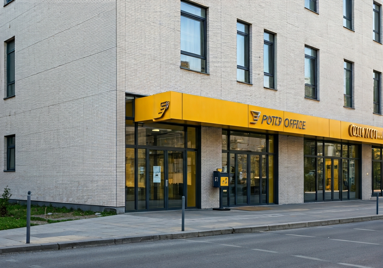 Modern exterior of a Czech post office branch, clean architectural lines, bright daylight, professional editorial photography, 85mm lens, no text, no words