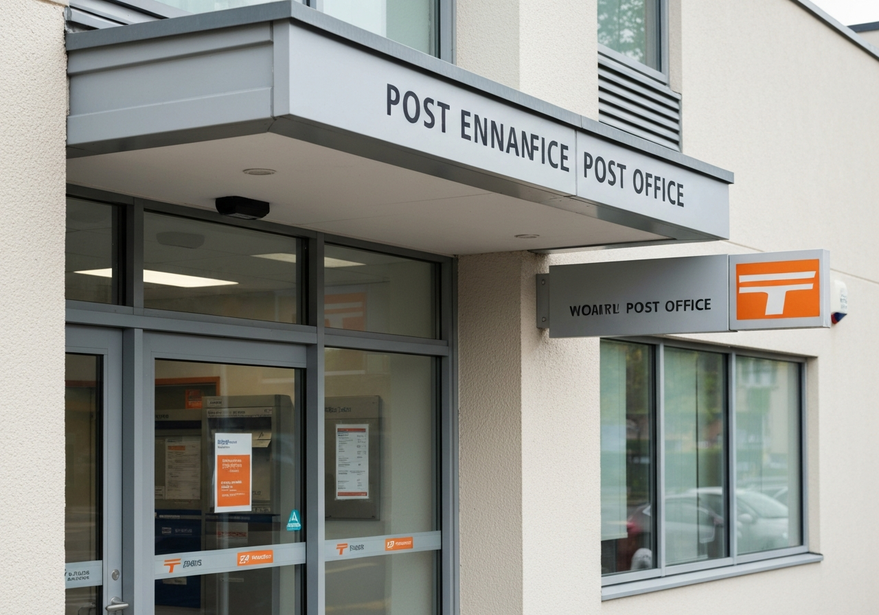 A professional, modern post office entrance with clear signage, editorial photography, clean aesthetic, soft natural light, 85mm lens, high quality, no text, no words, no letters