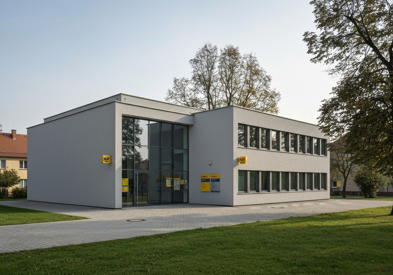 Exterior view of a modern Czech post office building in a quiet residential district, clean urban architecture, soft daylight, 85mm lens, high resolution, no text, no letters