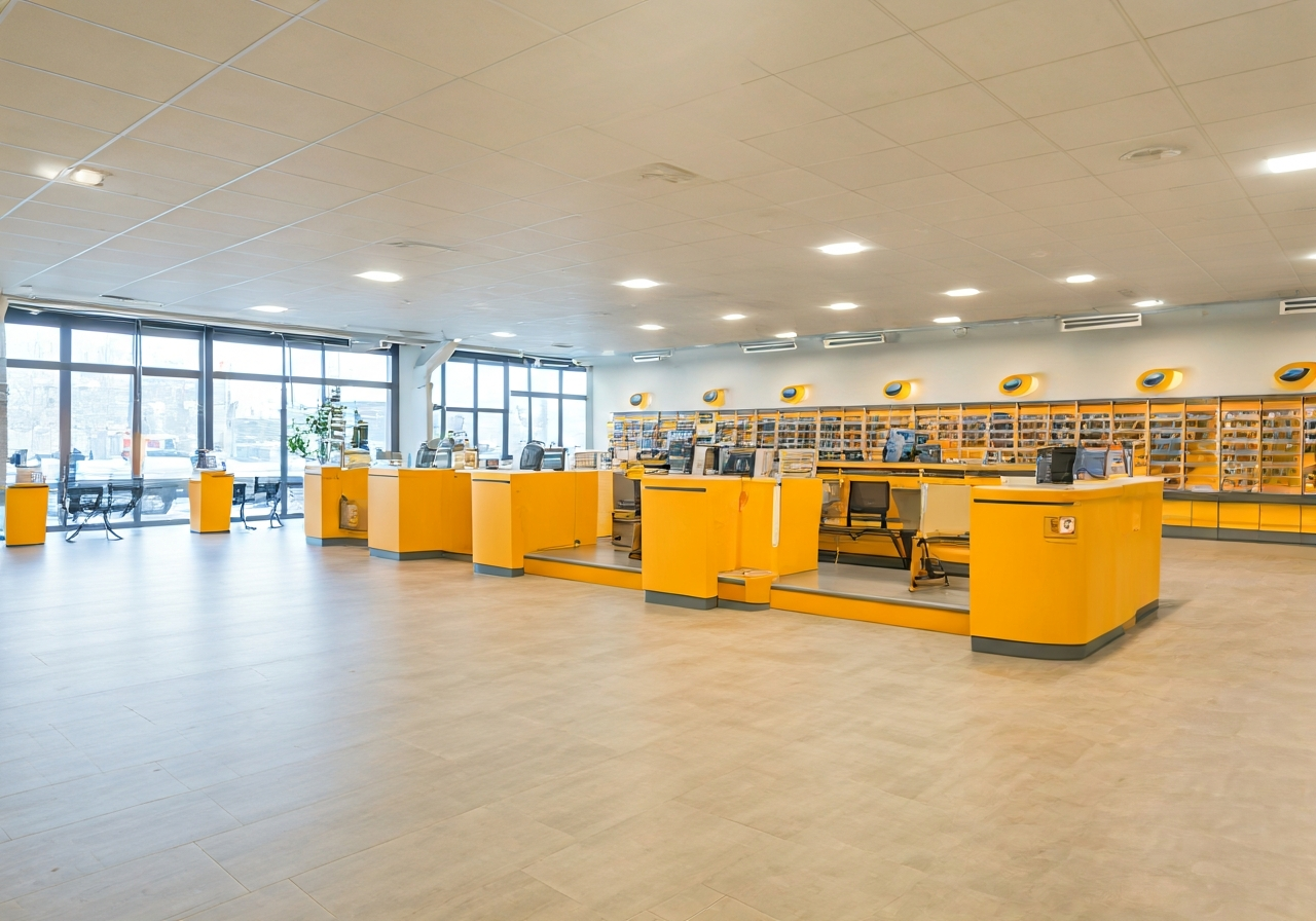 A wide-angle editorial shot of a modern, clean post office interior in Plzen with sleek signage and clear navigation, soft natural light streaming through large windows, 85mm lens, professional atmosphere, no text, no words, no letters