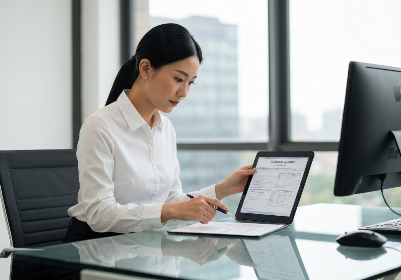 A professional logistics specialist examining digital customs documentation on a clean glass desk, modern office environment, professional editorial style, soft natural light, 85mm lens, high resolution, no text, no letters.