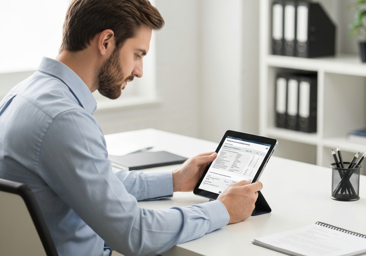 A professional logistics specialist working on a clean, modern desk with a tablet displaying tracking information and customs documents, neutral office background, premium editorial photography, soft natural lighting, 85mm lens, high quality, no text, no words, no letters.
