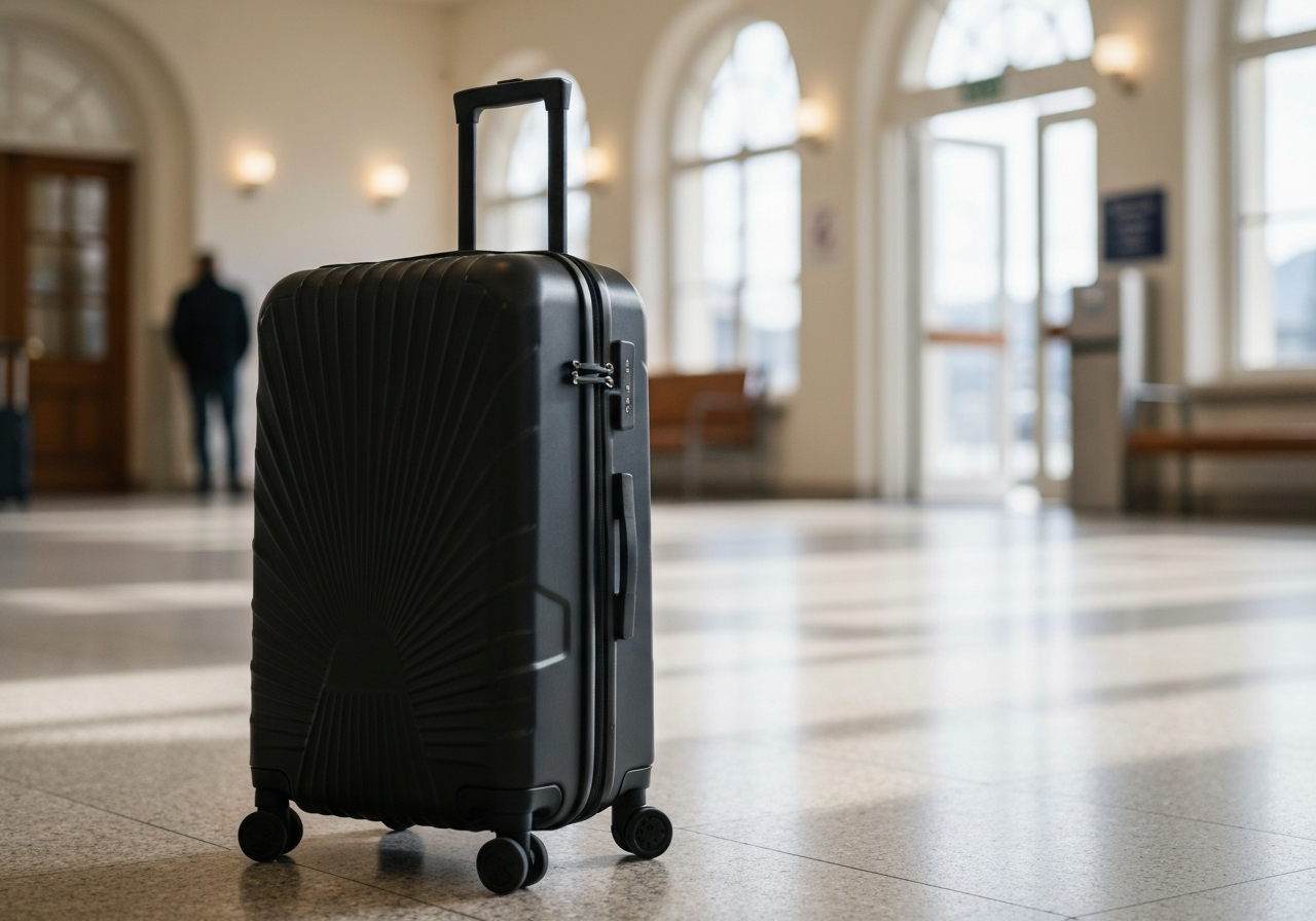 A modern travel suitcase standing in a clean, minimalist train station lobby in Karlovy Vary, soft natural light, high-end editorial photography, 85mm lens, blurred architectural background, no text, no words, no letters.