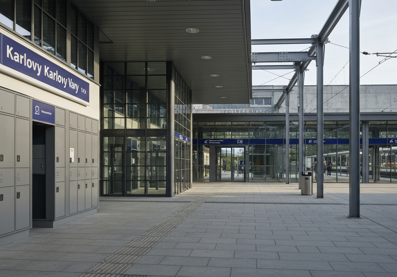Editorial photography, modern train station architecture in Karlovy Vary with clear signage and lockers, soft natural morning light, 85mm lens, high-end travel aesthetic, no text, no letters