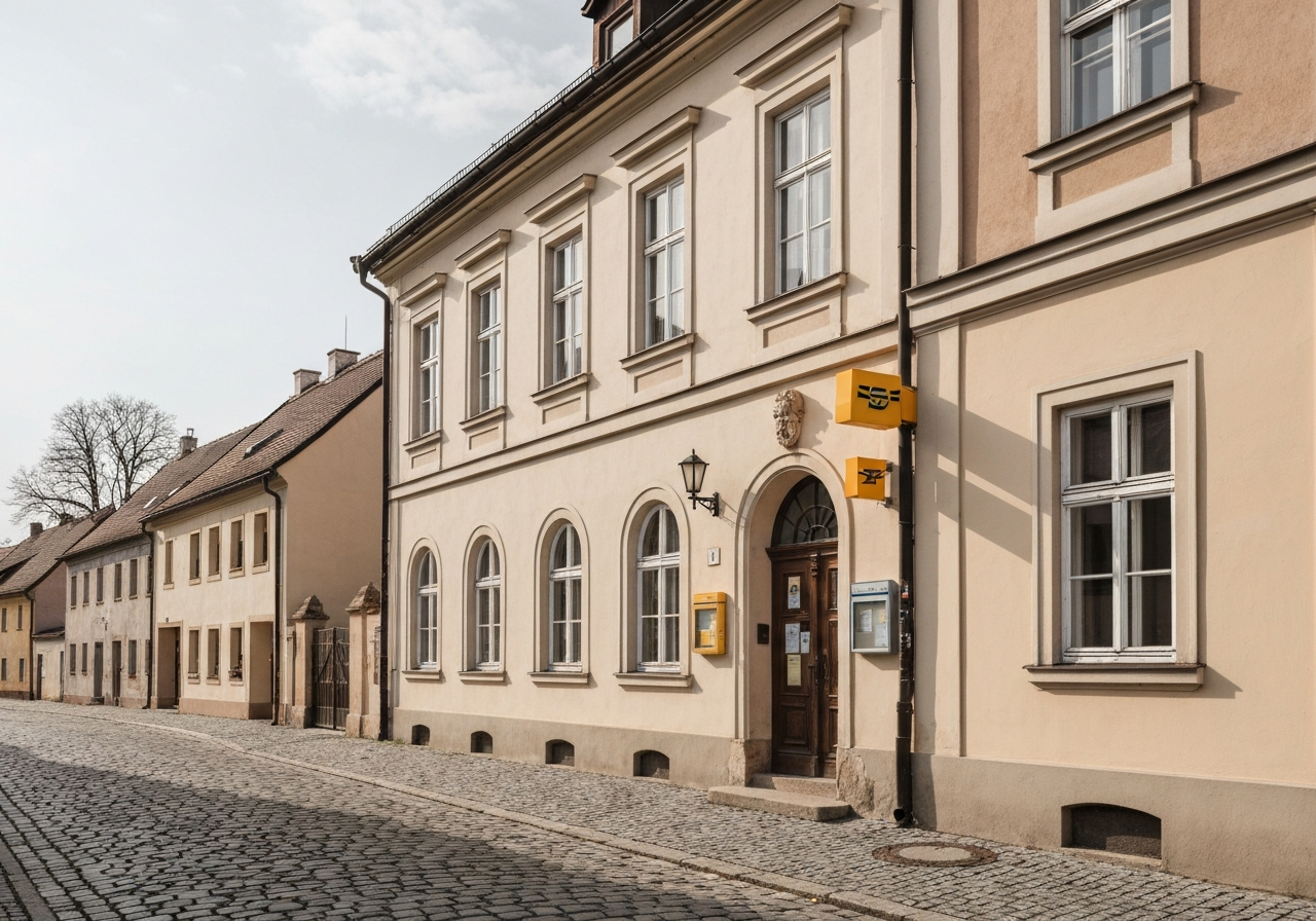 A professional exterior shot of a classic post office building located in a quiet, historical Czech village setting, clear signage visible, soft natural daylight, cinematic architectural photography, 85mm lens, high quality, no text, no letters.
