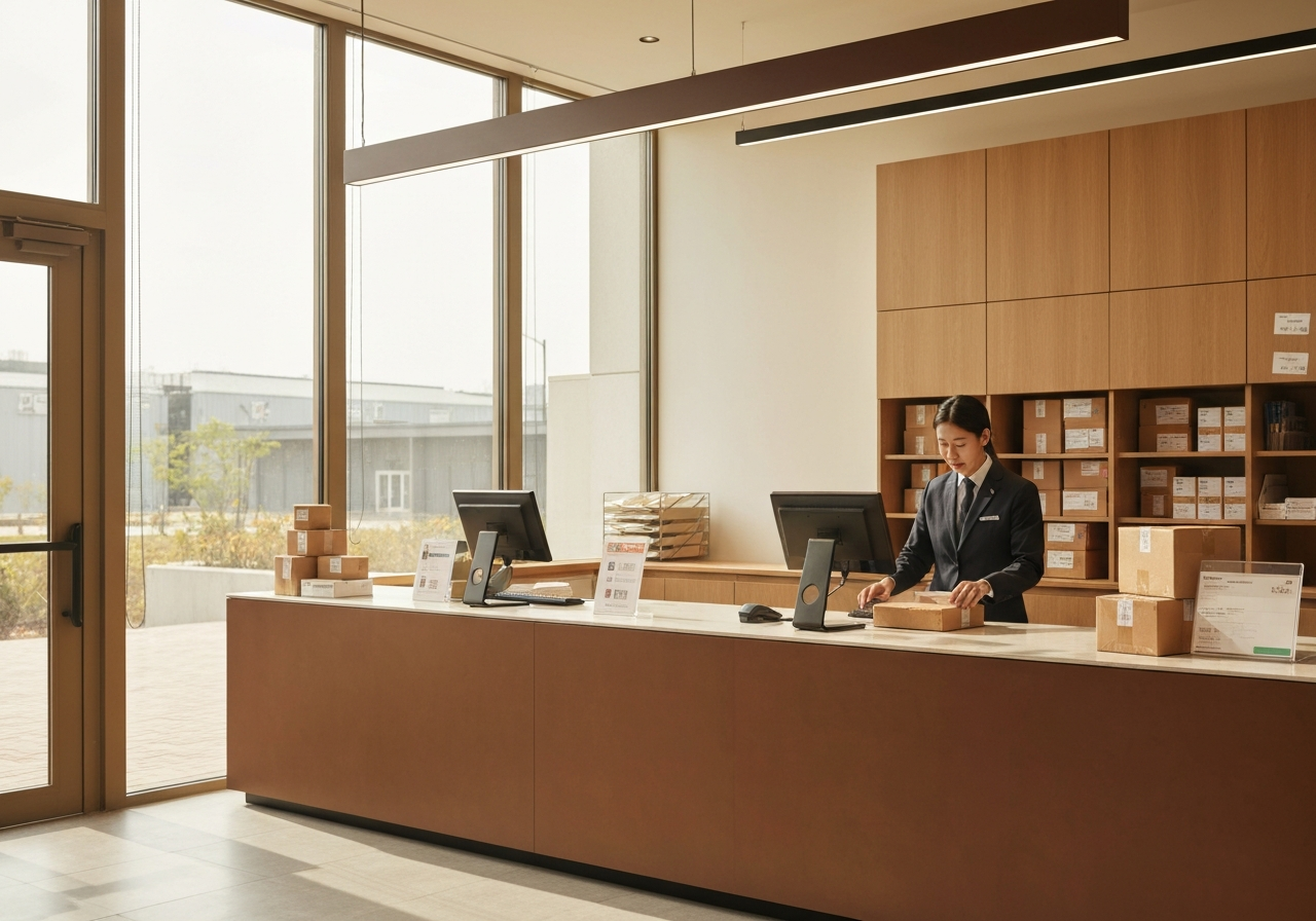 A neat and organized postal service counter with prepared parcels, focus on administrative efficiency, modern minimalist post office interior, soft natural morning light, 85mm lens, editorial style, no text, no words, no letters