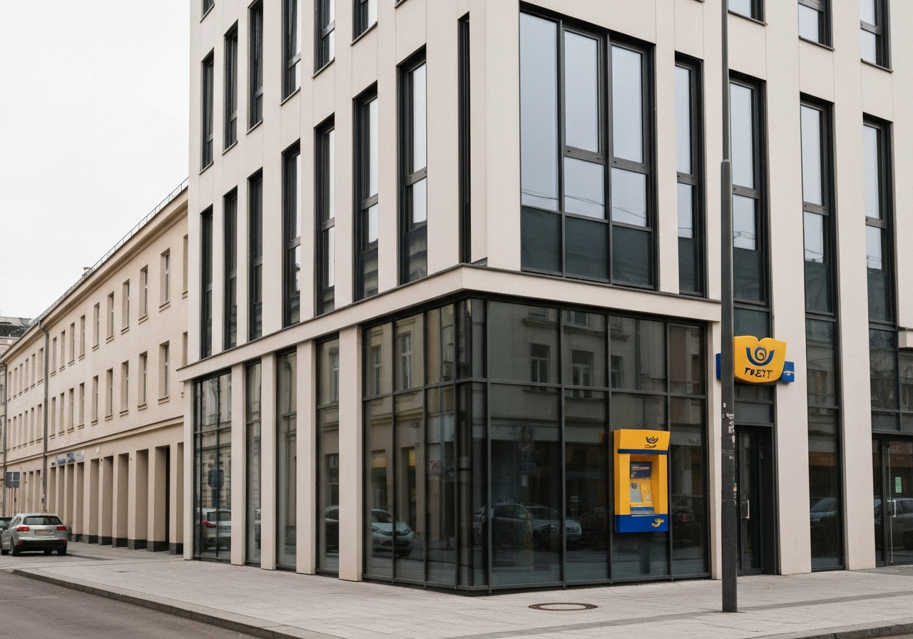 Modern facade of a Czech post office branch, clean urban architectural style, soft natural daylight, cinematic 85mm lens, high resolution, no text, no letters