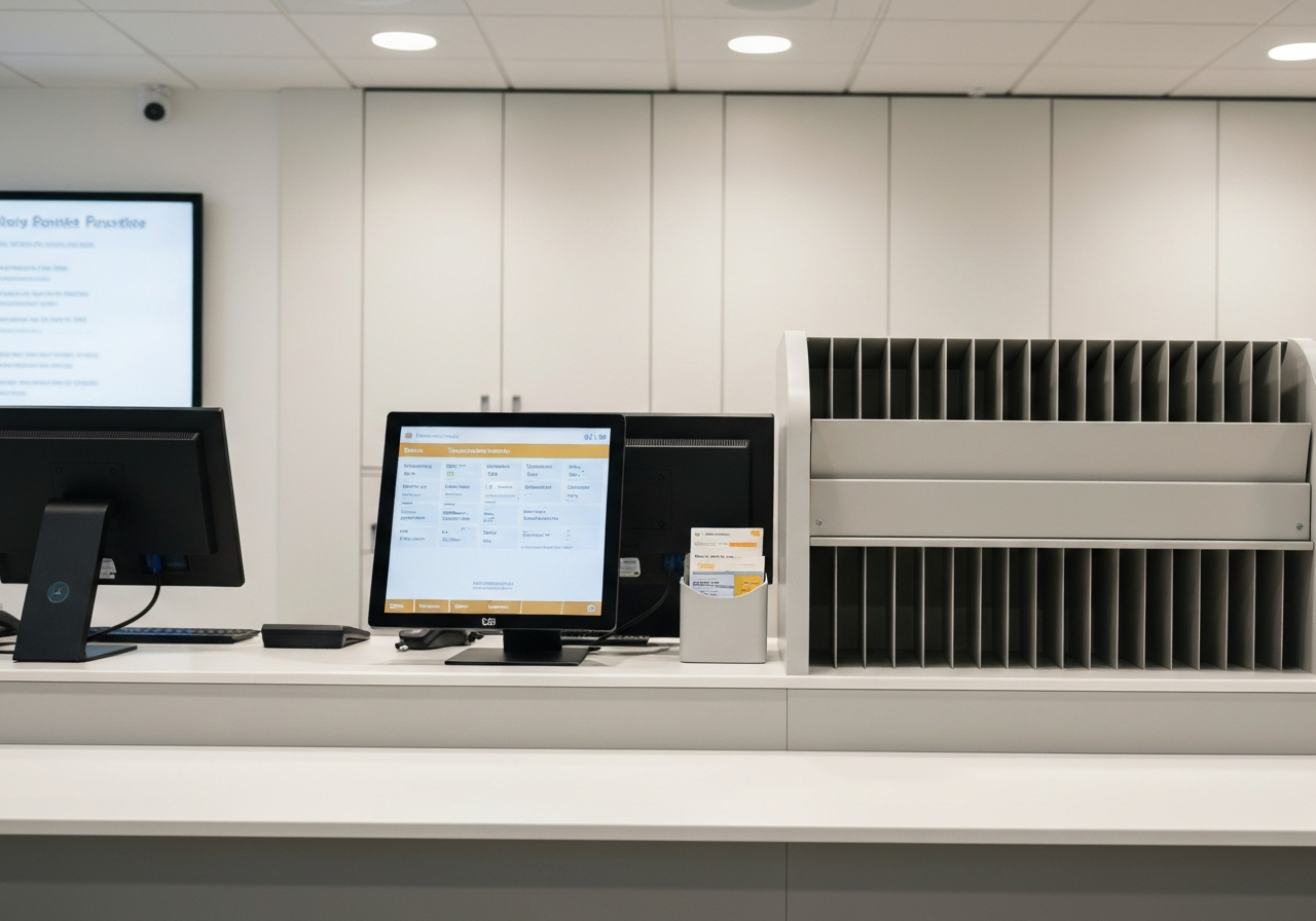 A close-up shot of a modern, clean post office service counter with a digital display and parcel sorting area, editorial photography, soft natural light, shallow depth of field, 85mm lens, high resolution, no text, no words, no letters.