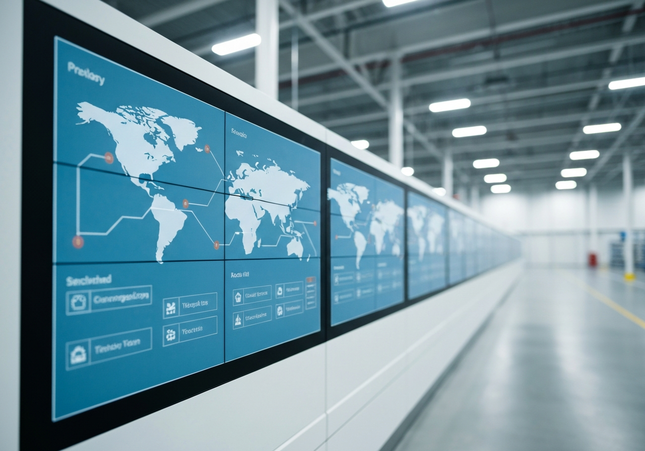 A professional logistics warehouse terminal with a high-tech digital interface screen displaying global shipment tracking routes, clean modern environment, premium editorial style, soft natural light, 85mm lens, highly detailed, no text, no words, no letters.