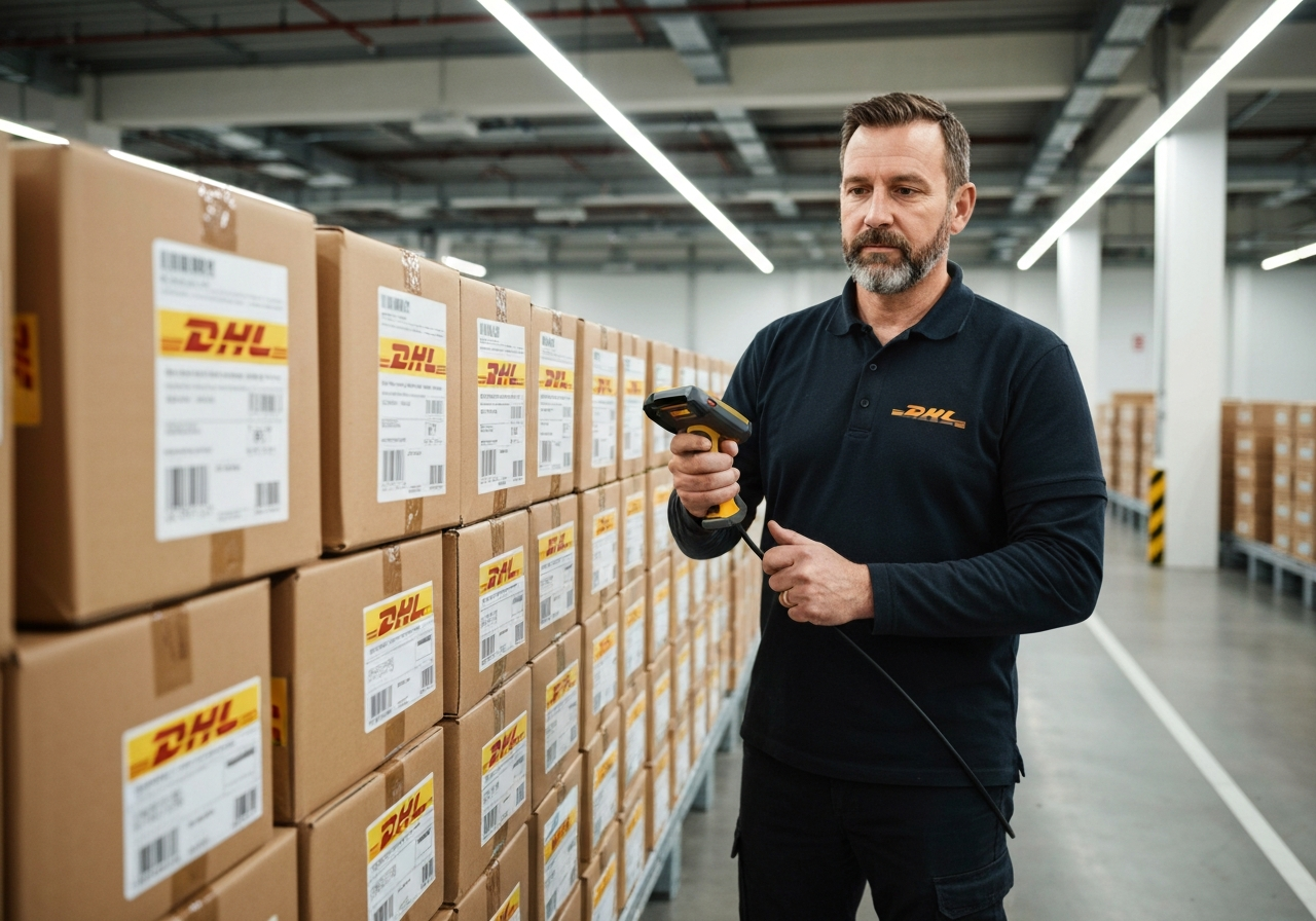 A professional logistics worker holding a handheld digital scanner next to a neatly stacked row of branded DHL e-commerce parcels, a modern clean warehouse background, editorial photography, soft natural light, 85mm lens, highly detailed, no text, no words, no letters