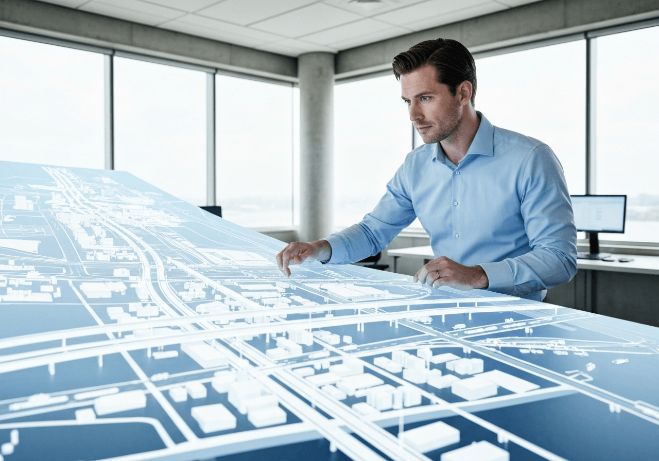 A professional engineer interacting with a sophisticated 3D holographic digital twin model of a large-scale infrastructure project in a high-tech, minimalist office environment, editorial photography, soft natural light, 85mm lens, highly detailed, no text, no words, no letters