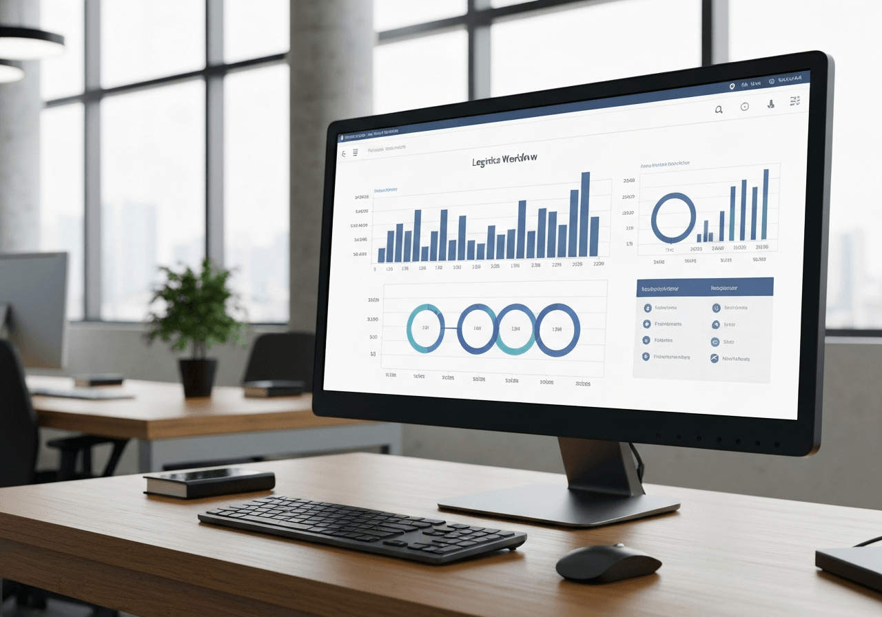 A sleek, modern digital dashboard showing interconnected logistics workflow charts, clean minimalist office environment, premium corporate aesthetic, soft natural light, 85mm lens, highly detailed, no text, no words, no letters.