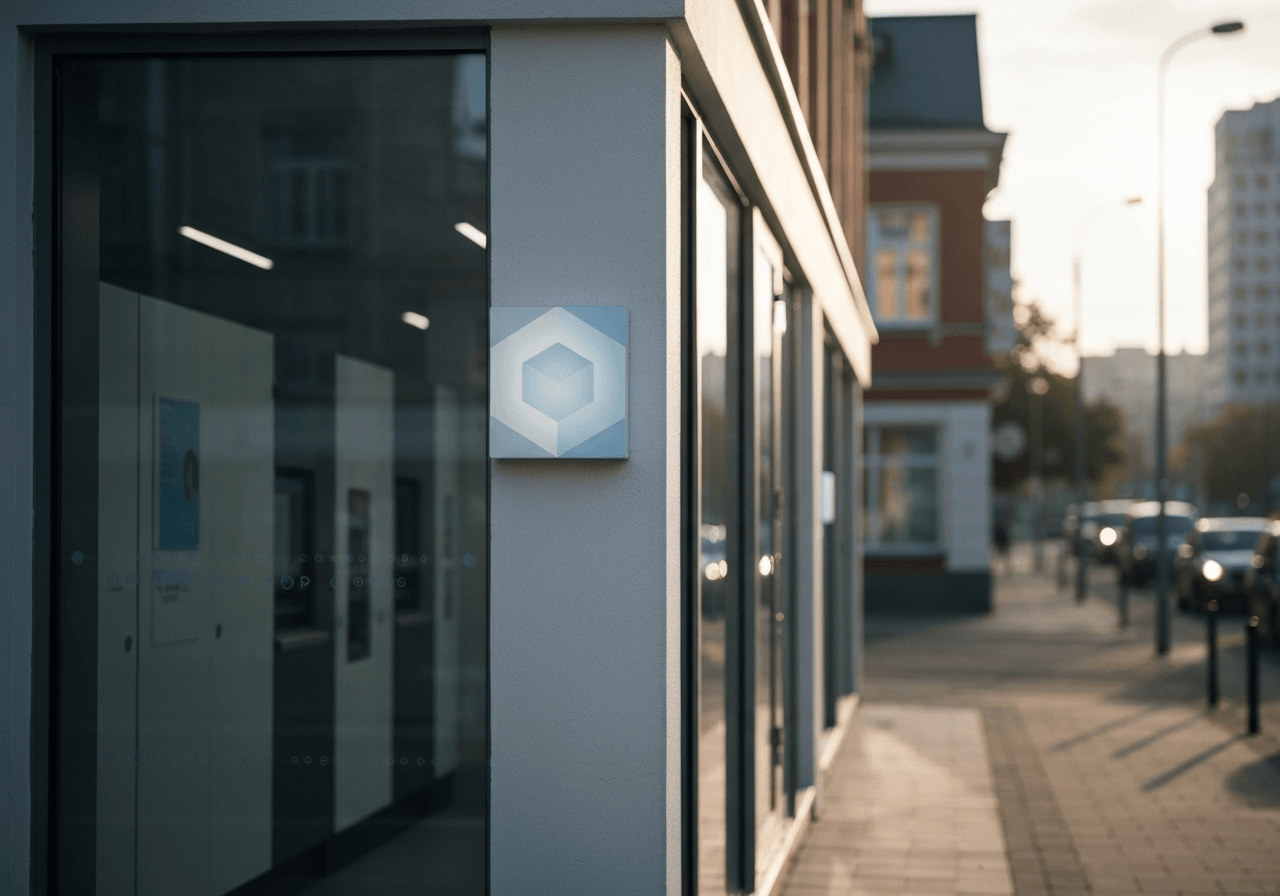 A modern, minimalist parcel pick-up point in an urban setting, clean storefront with branding, soft morning sunlight, shallow depth of field, 85mm lens, editorial photography style, no text, no words, no letters
