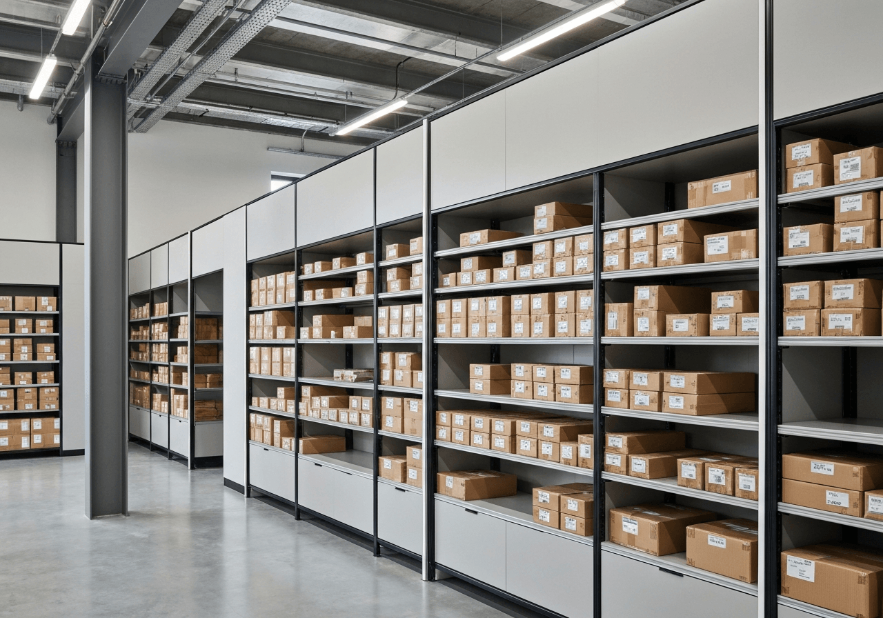 A professional logistics warehouse setting with neatly organized parcels on shelves, modern, clean, editorial photography, soft natural light, 85mm lens, highly detailed, no text, no letters