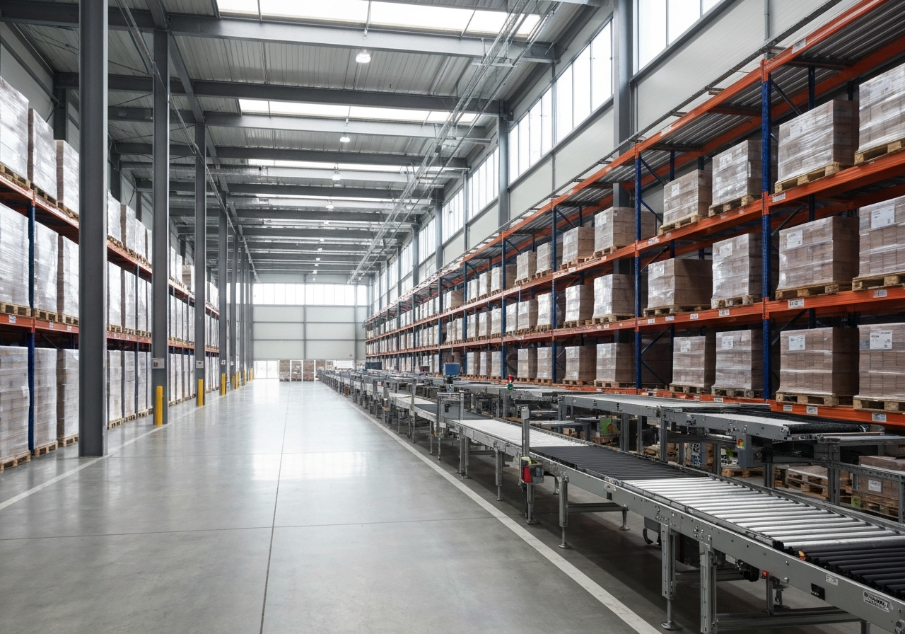 A professional logistics hub featuring a modern warehouse interior with organized pallets and conveyor belts, clean industrial aesthetic, editorial photography, soft natural light, 85mm lens, high resolution, no text, no words, no letters