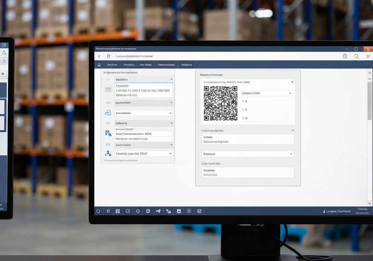 A professional logistics warehouse terminal with a clean, modern interface on a computer screen showing label generation, soft natural light, editorial photography style, 85mm lens, high detail, no text, no words, no letters.