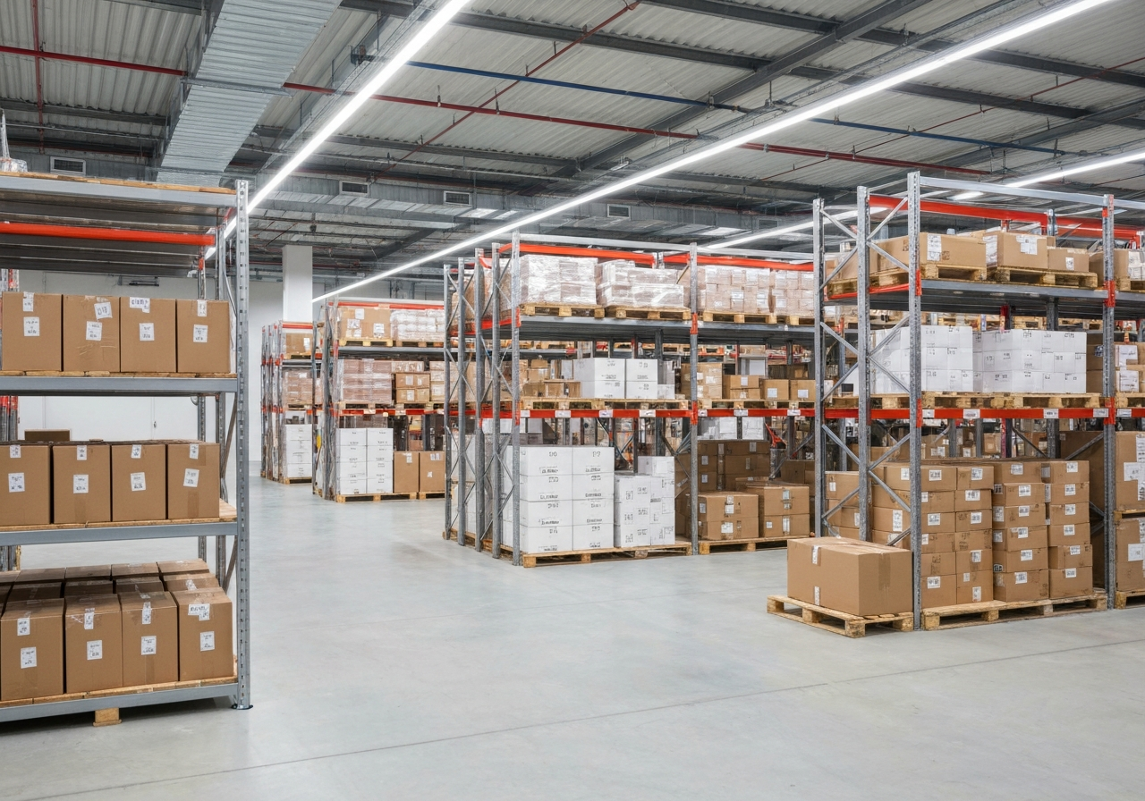 A modern, minimalist distribution hub interior with neatly organized logistics shelves and parcels, clean industrial design, bright professional lighting, high-quality editorial photography, 85mm lens, no text, no words, no letters.