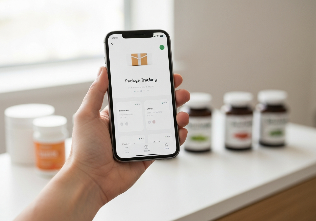 A smartphone displaying a package tracking app interface held by a hand in a modern, bright wellness center, blurred healthy supplements in the background, Editorial photography, soft natural light, 85mm lens, minimalist aesthetic, no text, no words, no letters.