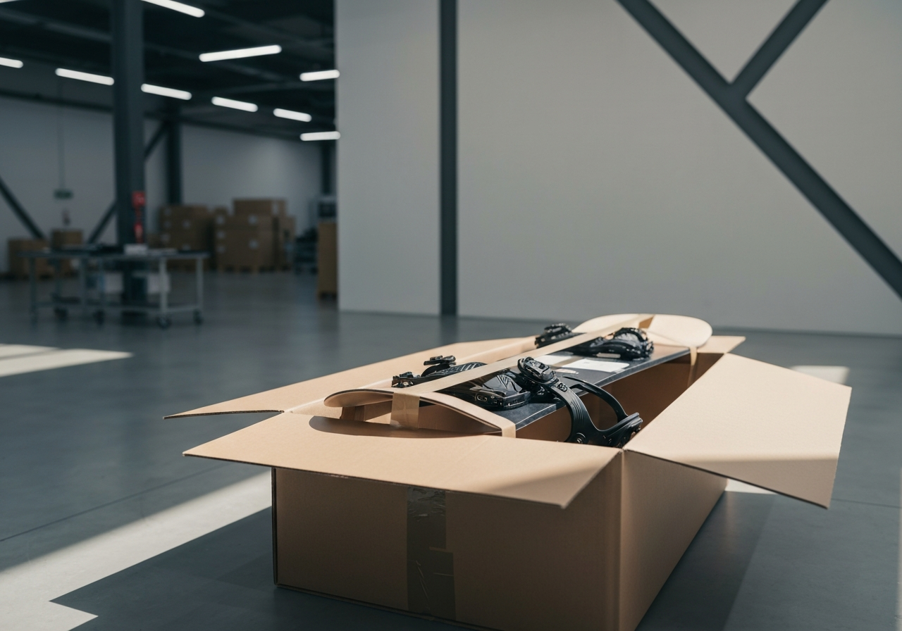 A professional logistics warehouse environment with a focus on a snowboard being securely packaged in a premium cardboard box, clean modern aesthetic, soft natural light, 85mm lens, high detail, no text, no words, no letters.