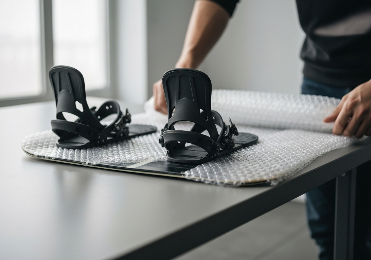 Close-up editorial shot of a snowboard being wrapped in thick industrial bubble wrap, focus on protecting the sharp steel edges and padded bindings, clean minimalist workspace, soft natural light, 85mm lens, high-end professional logistics aesthetic, no text, no words, no letters