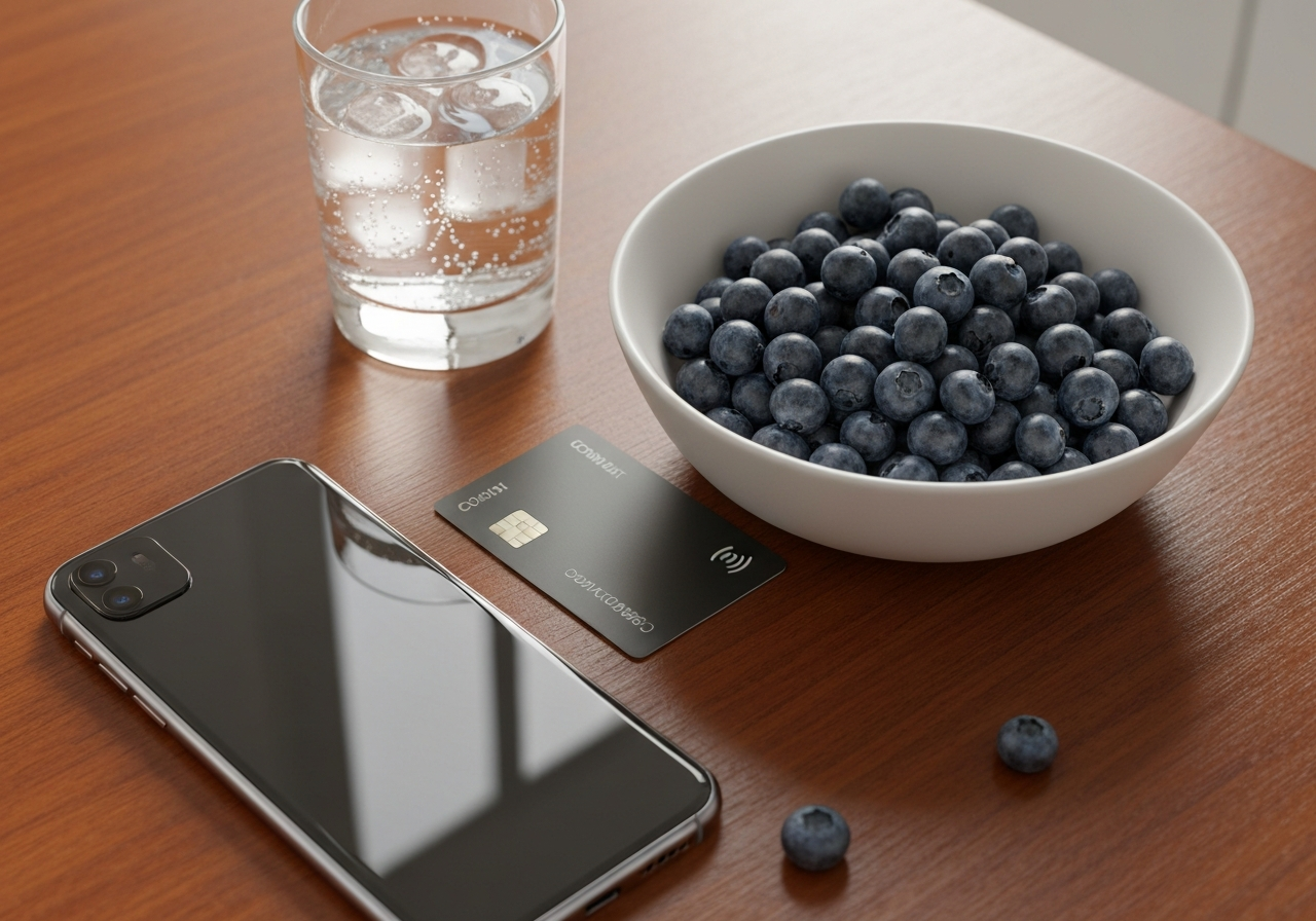 A minimalist flat lay of a high-end smartphone and a sleek contactless payment card resting on a wooden table next to a bowl of fresh berries and a glass of water, bright modern kitchen environment, editorial photography, soft natural light, 85mm lens, highly detailed, no text, no letters