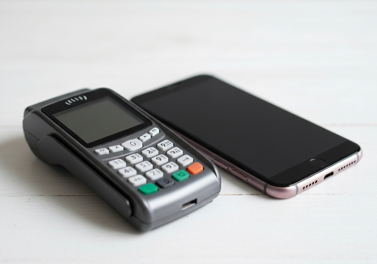 Close-up professional editorial photography of a contactless payment terminal and a high-end smartphone on a clean wooden surface, soft natural light, shallow depth of field, 85mm lens, minimalist aesthetic, no text, no words, no letters