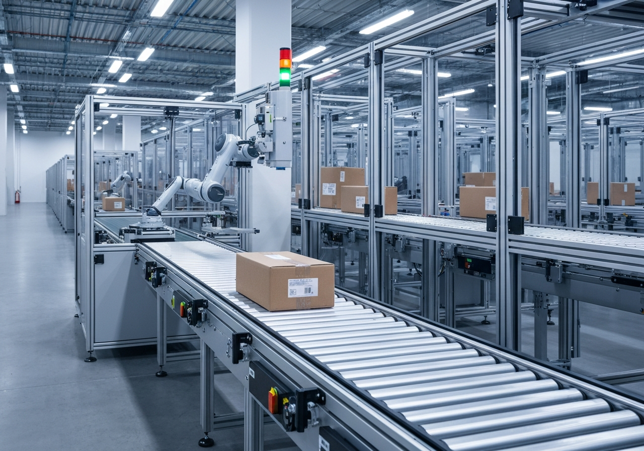 A high-tech automated logistics warehouse with a package being scanned on a conveyor belt, sleek modern design, professional industrial aesthetic, soft natural lighting, 85mm lens, high resolution, no text, no words, no letters.