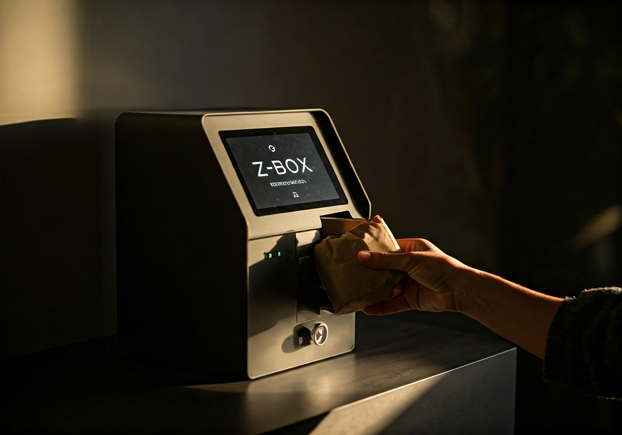 A sleek, modern Z-BOX terminal in a clean urban environment during golden hour, a person placing a small wellness package into a locker, soft natural light, professional editorial photography, 85mm lens, highly detailed, no text, no letters