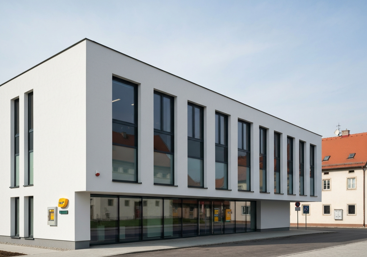 A professional exterior shot of a modern post office building in a quiet Czech town, clean architectural lines, soft natural daylight, cinematic quality, 85mm lens, no text, no words, no letters.