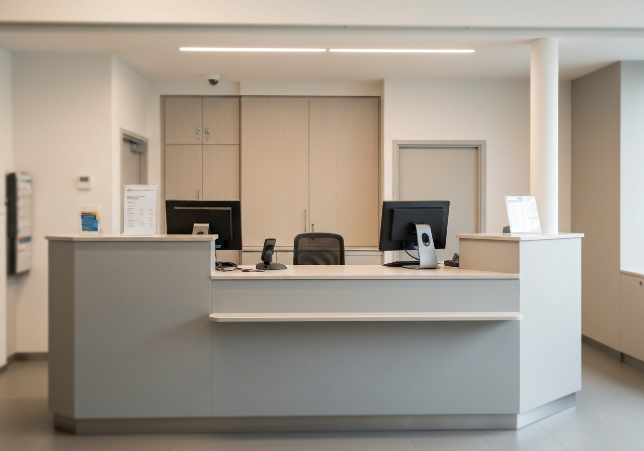 A professional, clean interior of a modern post office service desk, blurred background with neutral tones, soft natural light, editorial photography style, 85mm lens, high resolution, no text, no letters