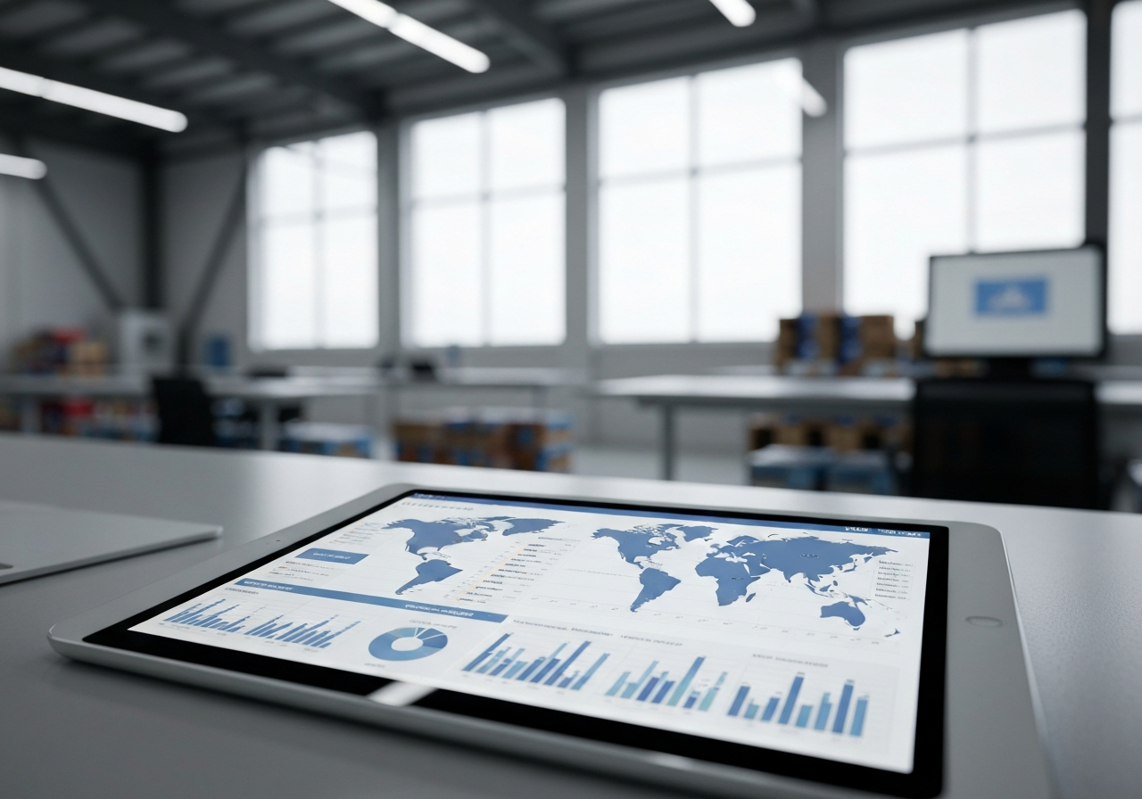 A professional logistics warehouse setting with a close-up of a digital tablet displaying global shipping route data, modern clean aesthetic, soft natural light, shallow depth of field, 85mm lens, highly detailed, no text, no words, no letters