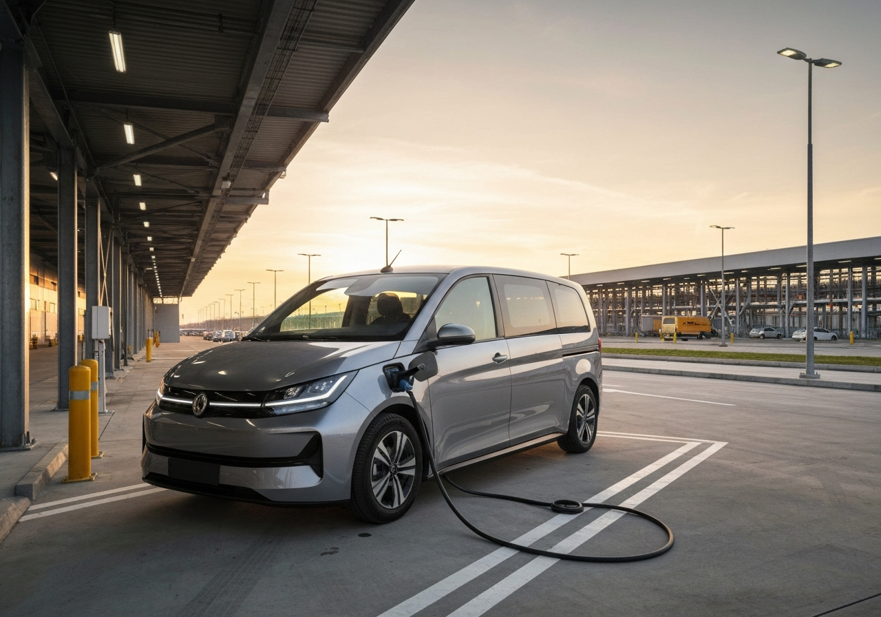A wide-angle editorial shot of a modern electric DHL delivery van charging at a high-tech logistics hub, sunset background, clean industrial design, aesthetic and professional, soft golden hour lighting, 85mm lens, highly detailed, no text, no letters.