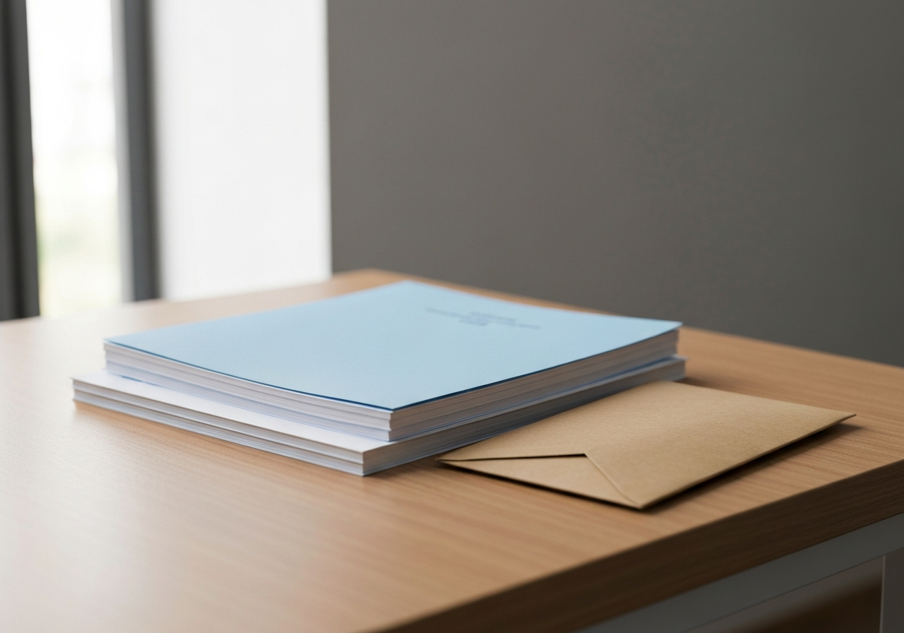 A neat stack of official paper documents next to a small shipping envelope, minimal wooden desk, soft daylight, professional atmosphere, 85mm lens, high quality editorial aesthetic, no text, no letters