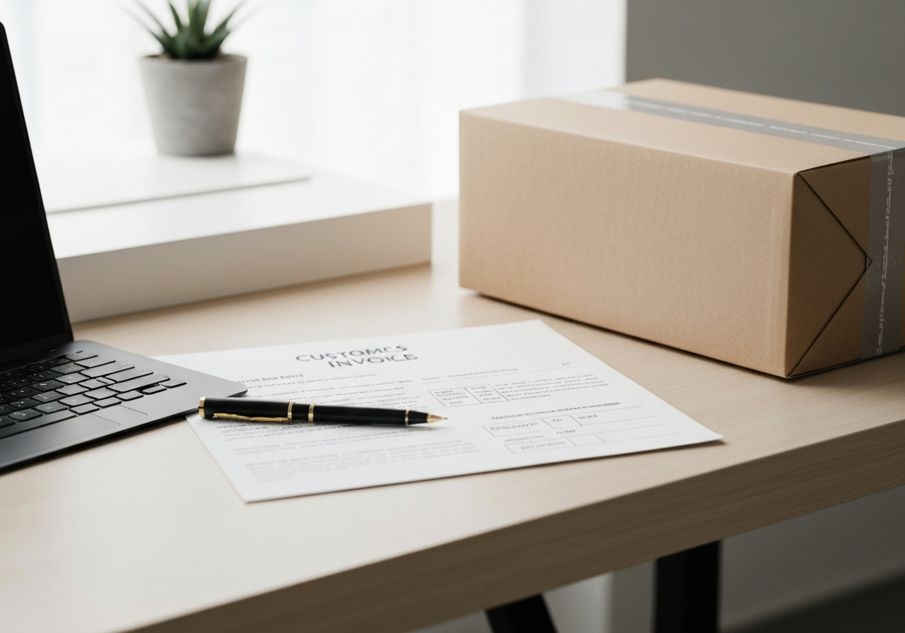 A professional logistics desk with a high-end shipping label, a clean customs invoice, and a premium package, minimalist modern office environment, soft natural light, 85mm lens, depth of field, high-end editorial aesthetic, no text, no words, no letters