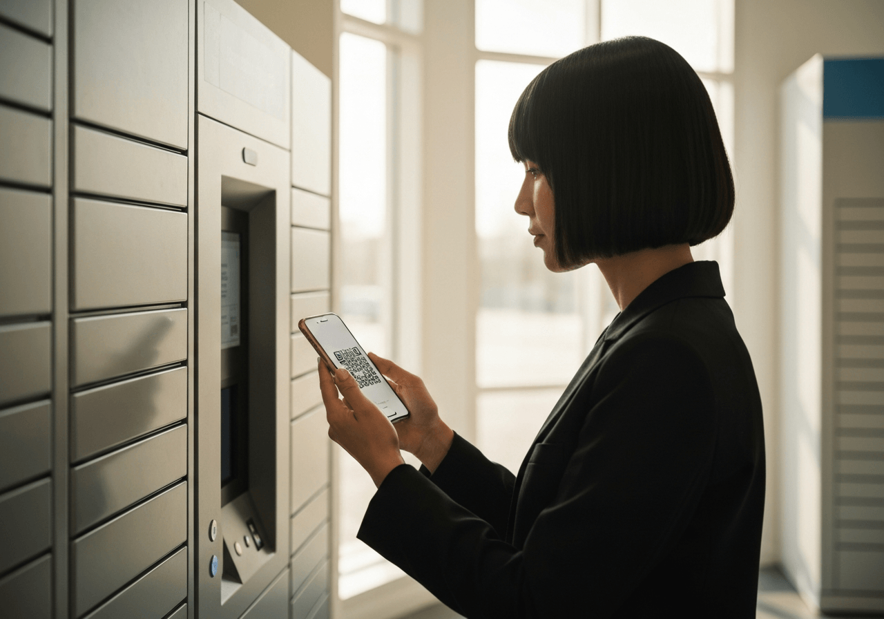 A professional close-up shot of a person using a smartphone to scan a QR code at a sleek automated parcel locker terminal, clean modern shipping environment, soft natural light, premium editorial photography, 85mm lens, no text, no words, no letters