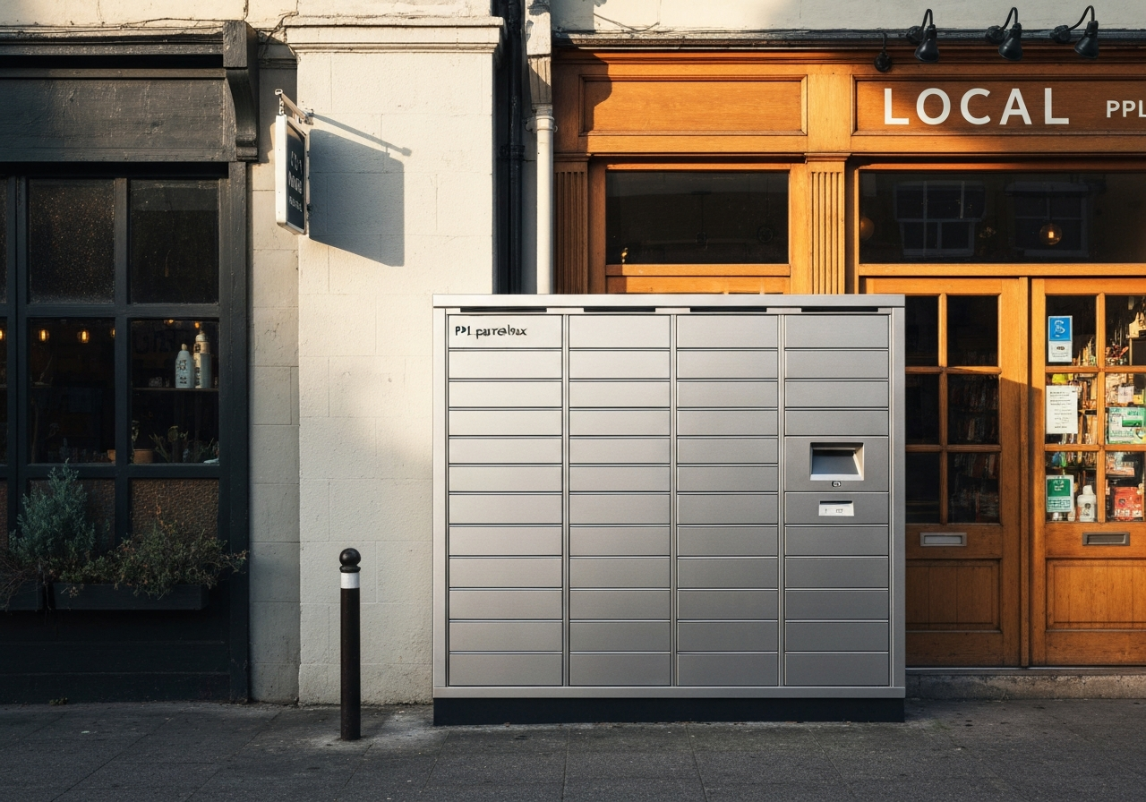 A modern, minimalist delivery locker PPL Parcelbox located in a clean urban environment next to a cozy local shop, soft natural morning light, editorial photography, 85mm lens, high quality, no text, no words, no letters