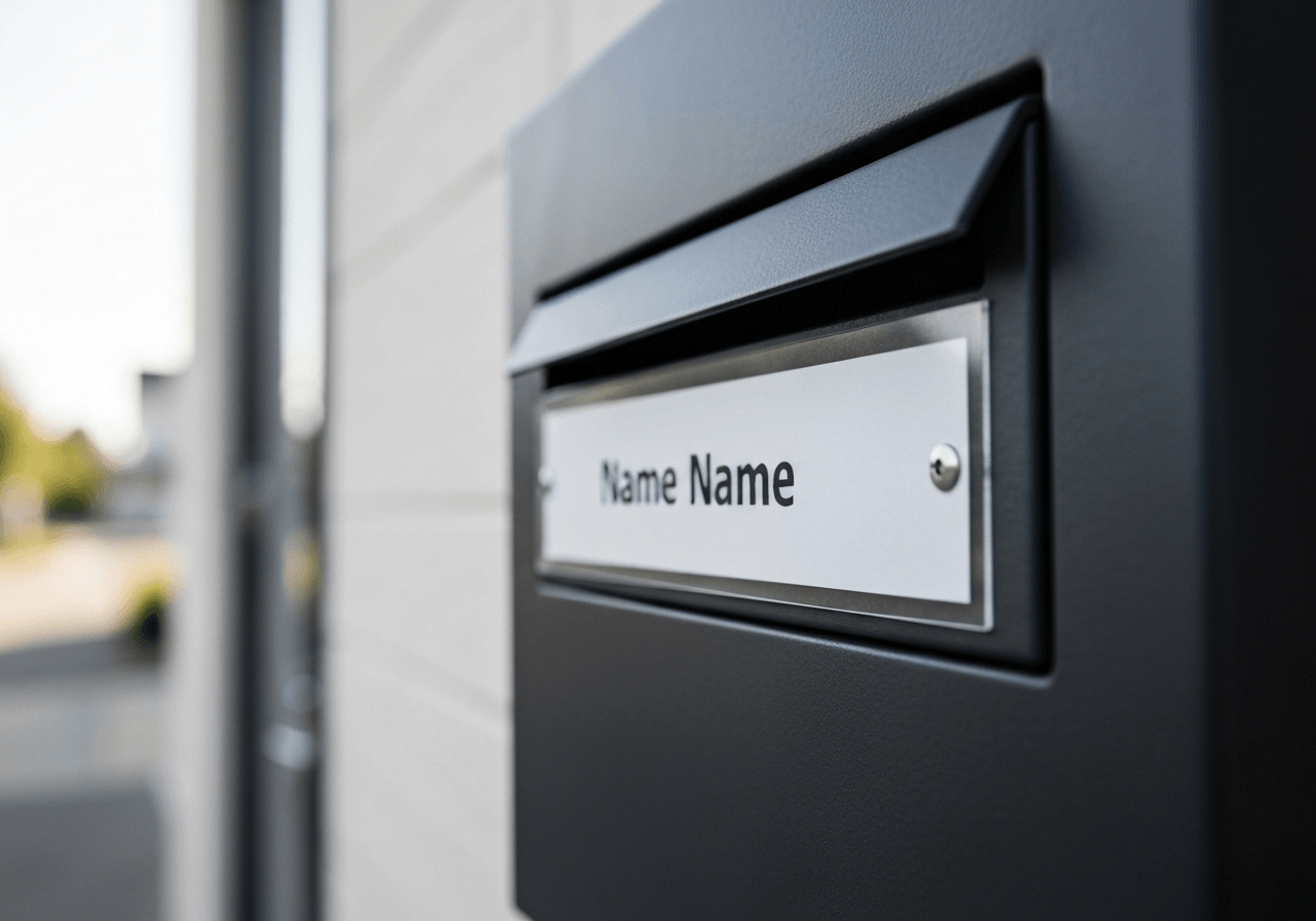 A close-up of a modern residential mailbox slot with a clear, neatly printed name label, soft natural light, minimalist urban environment, editorial photography style, shallow depth of field, 85mm lens, no text, no words, no letters.