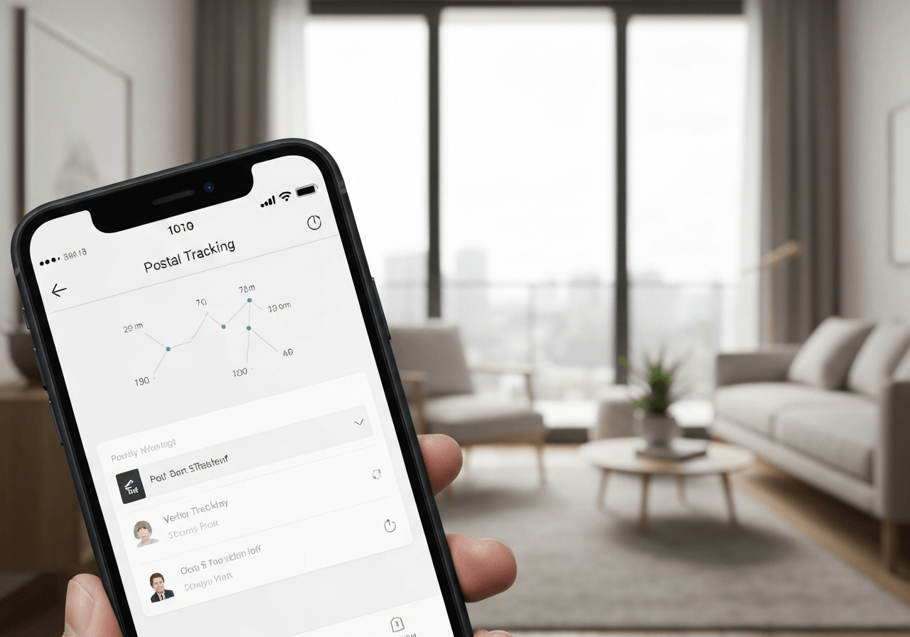 A close-up shot of a smartphone displaying a postal tracking application, modern minimalist interior of an apartment, high-end editorial photography, soft natural daylight, shallow depth of field, 85mm lens, no text, no letters