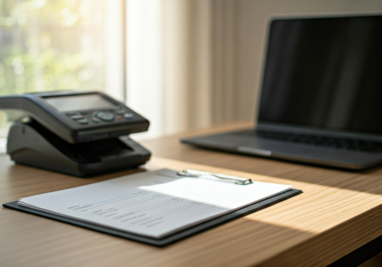 A professional logistics desk with a clean shipping invoice and a digital scanner, modern minimalist office environment, soft natural morning light, editorial photography, 85mm lens, highly detailed, no text, no letters