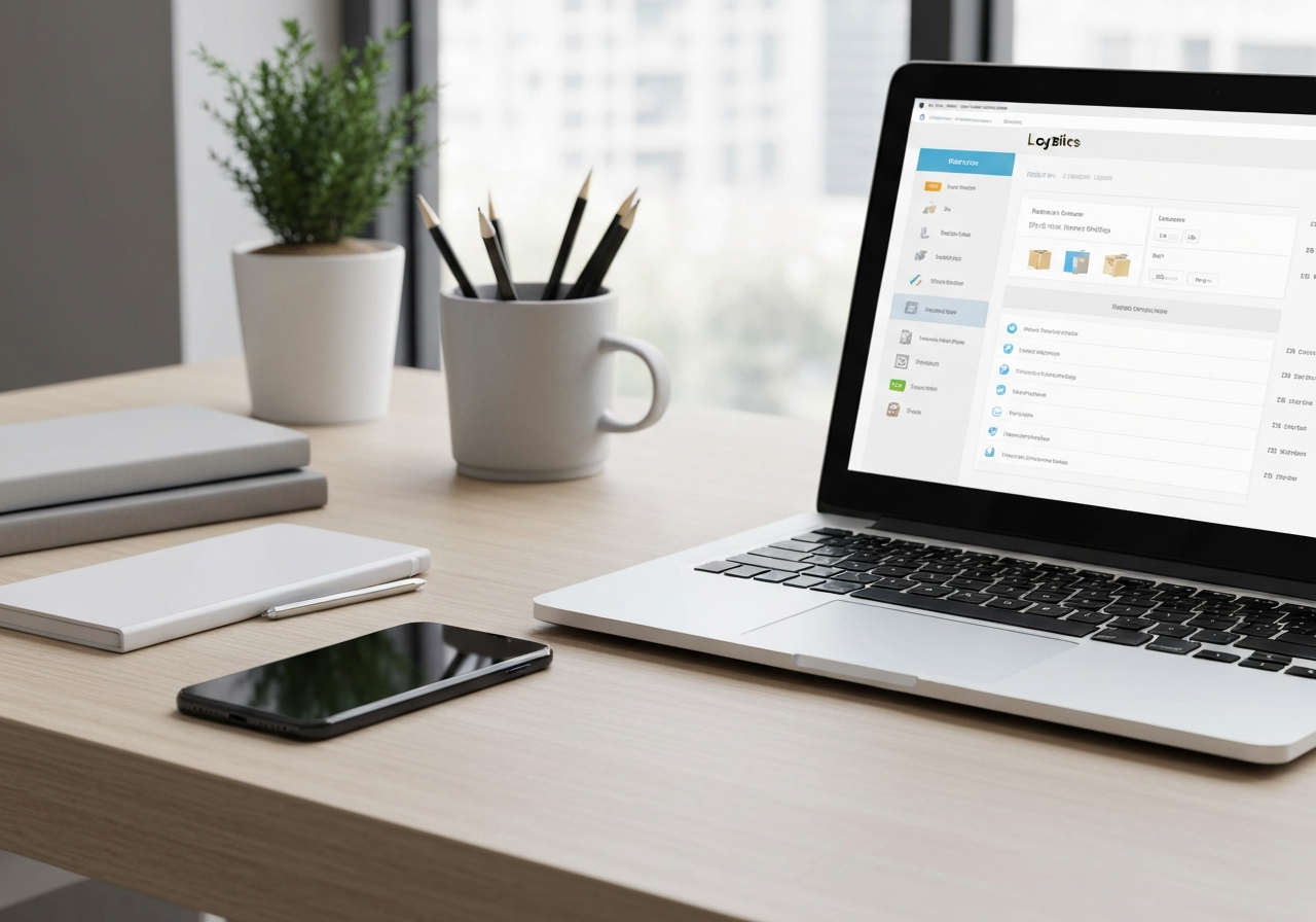 A clean, modern office desk with a smartphone and a laptop displaying a digital shipping interface, soft natural lighting, professional logistics aesthetic, 85mm lens, high resolution, no text, no words, no letters.