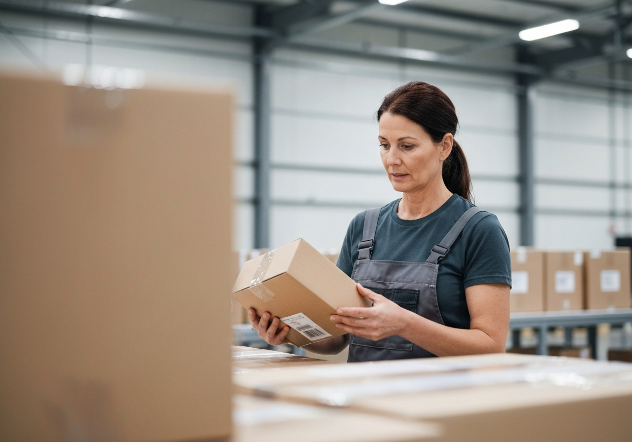 A professional logistics worker inspecting a package in a modern, clean warehouse, editorial photography, soft natural light, 85mm lens, high resolution, no text, no words, no letters