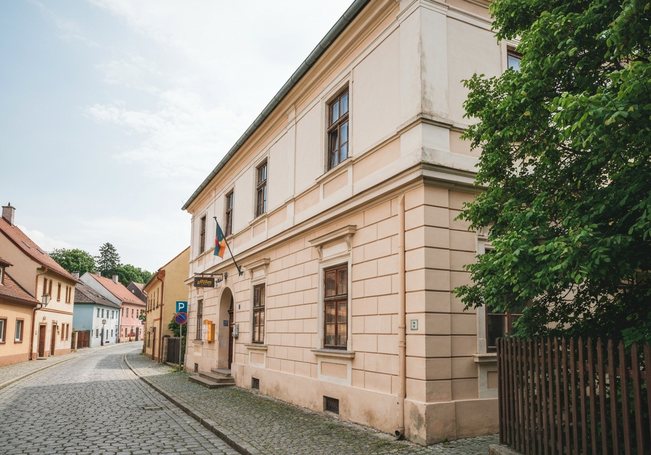 Editorial photography, the exterior of a charming historical post office building in a quiet Czech village, soft natural light, 85mm lens, high quality, clean composition, no text, no words, no letters