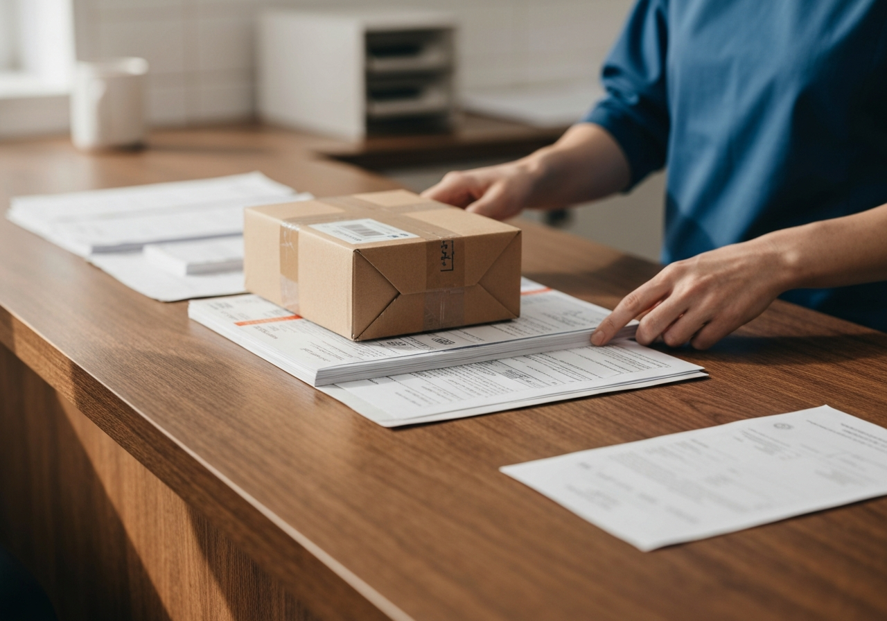 A close-up, high-quality editorial shot of a person hands neatly arranging a parcel and documents on a clean, professional wooden counter inside a modern postal facility, soft natural light, depth of field, 85mm lens, no text, no words, no letters.