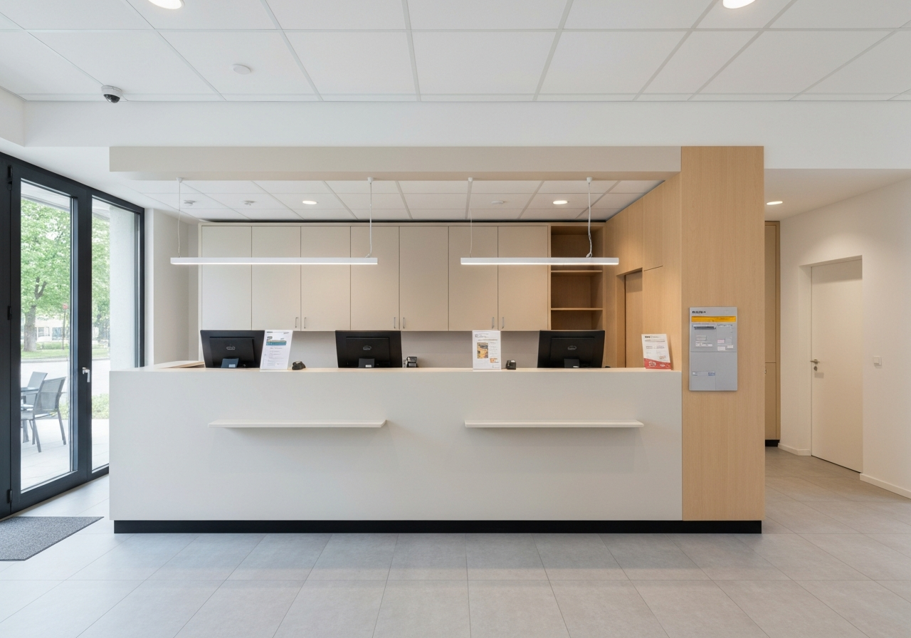 A clean, modern Czech post office counter interior, Pošta Partner branding, bright natural daylight, architectural photography, minimalist design, premium feel, 85mm lens, no text, no words, no letters