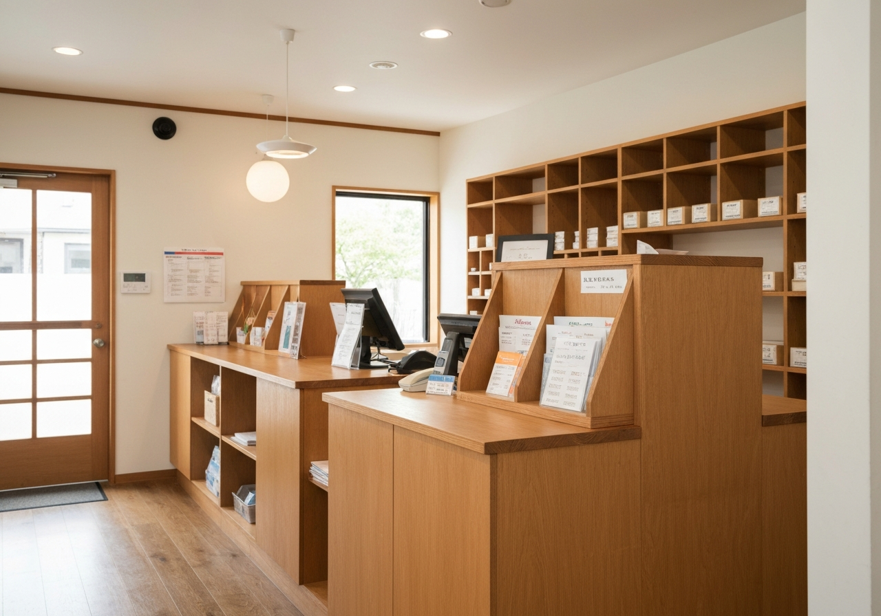 A clean, modern counter space of a small-town postal service office, featuring organized wooden surfaces and neutral tones, editorial photography, soft natural light, 85mm lens, depth of field, no text, no letters