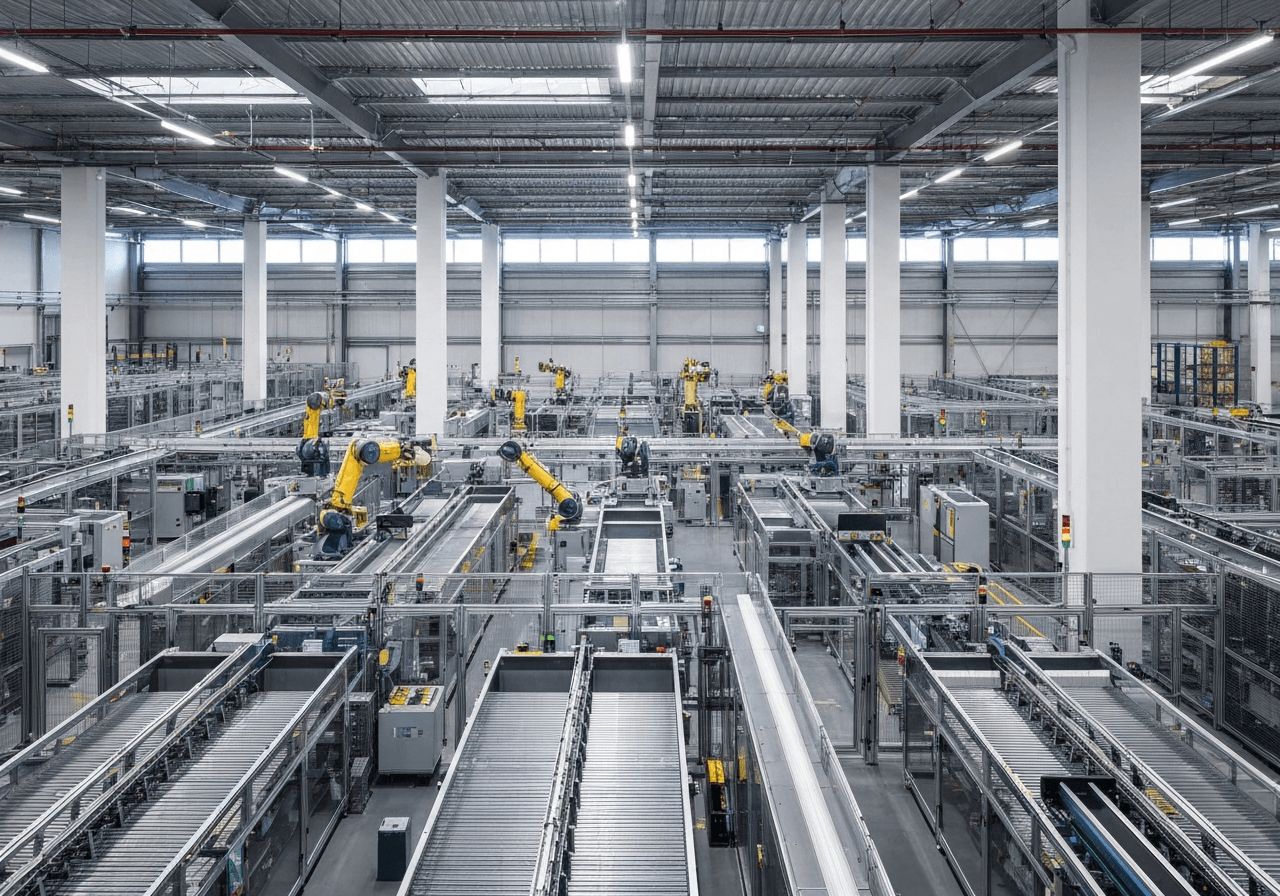 A modern, high-tech logistics distribution center interior, clean lines, automated sorting systems with robotic arms, soft natural light reflecting off metallic surfaces, editorial photography, 85mm lens, high detail, no text, no letters