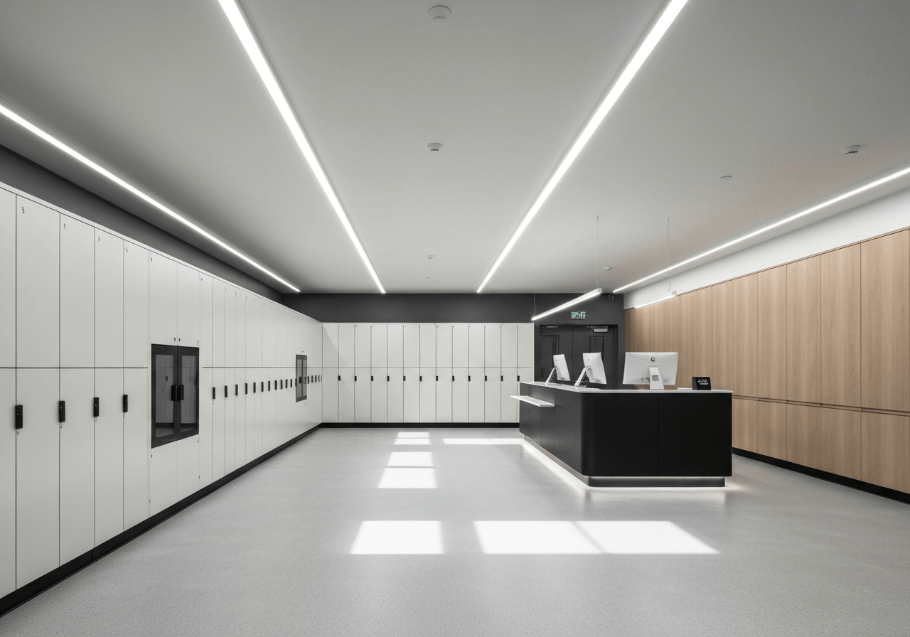 A modern, minimalist distribution center interior featuring sleek self-service lockers and a professional service counter, editorial photography style, high-end clean look, soft natural light, 85mm lens, high resolution, no text, no words, no letters.